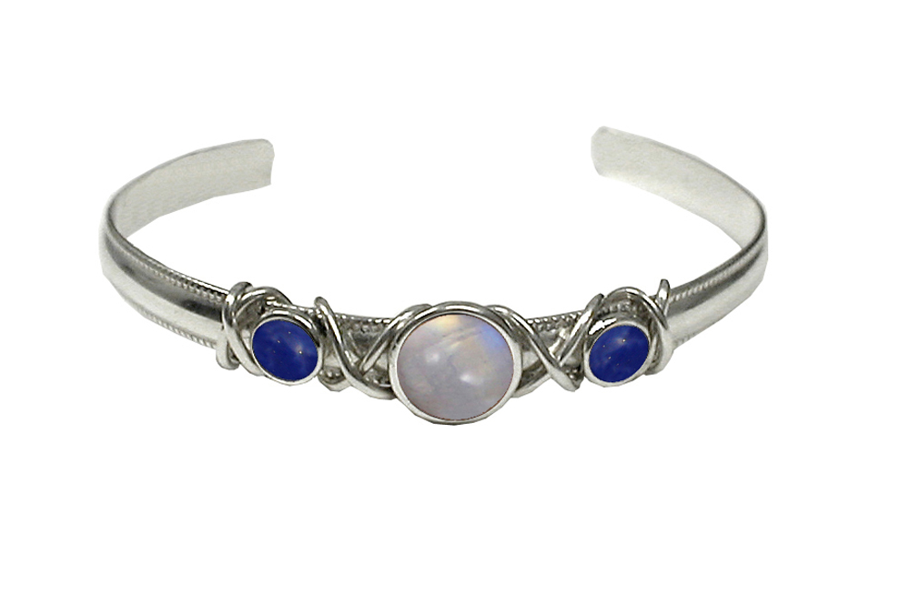 Sterling Silver Hand Made Cuff Bracelet With Rainbow Moonstone And Lapis Lazuli